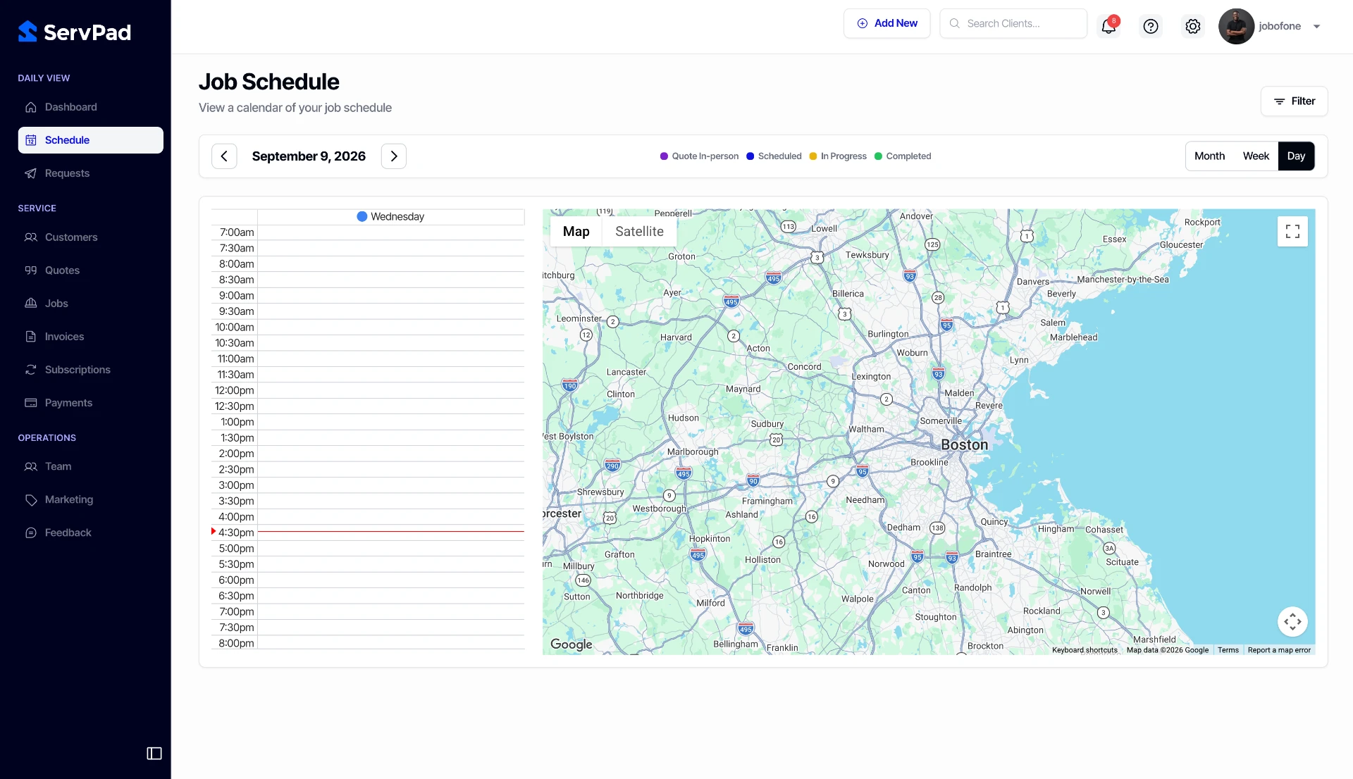 Job schedule — calendar and map view of the day’s work