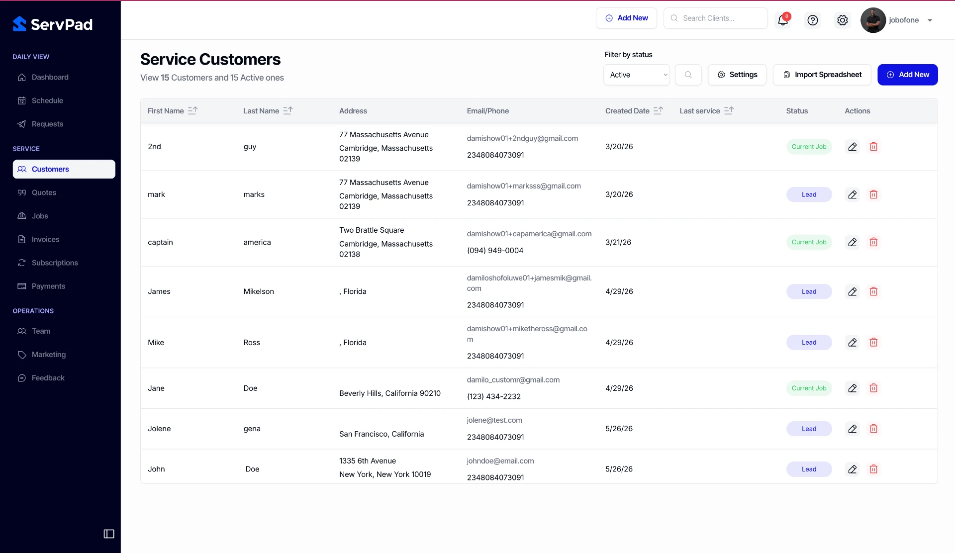 Customer records — leads and active jobs in one place