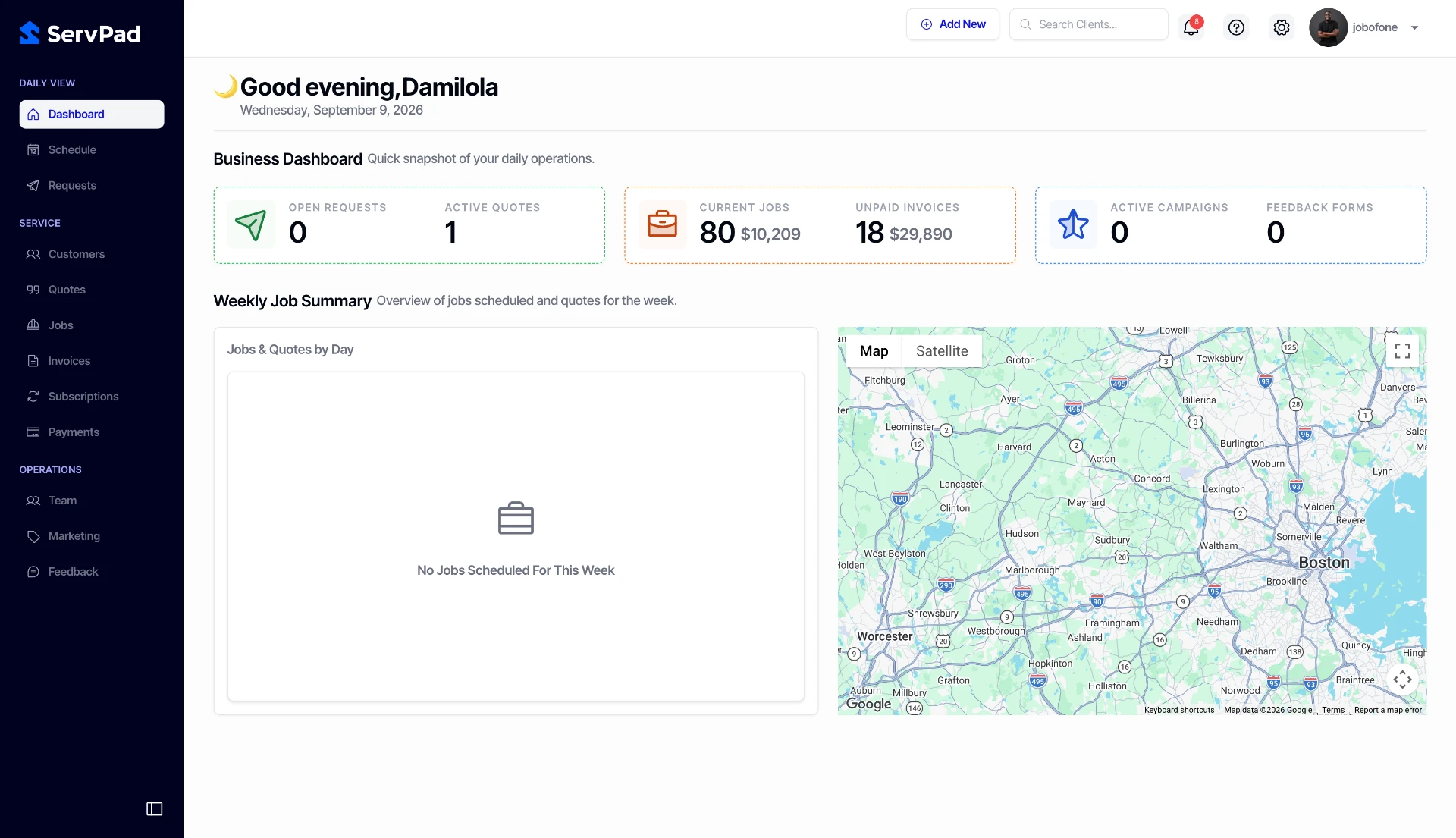 Daily dashboard — requests, quotes, jobs, invoices and the week ahead
