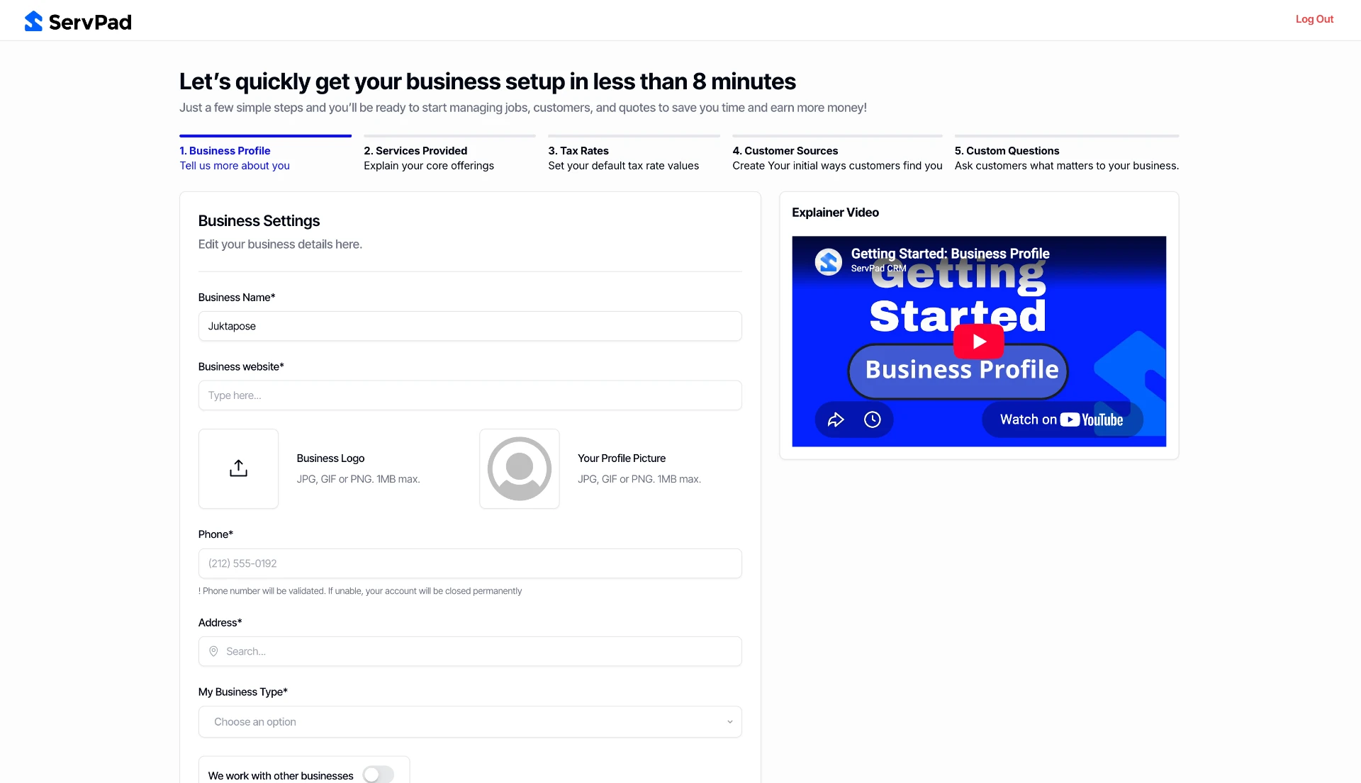 Guided setup — business profile, services, tax and lead sources