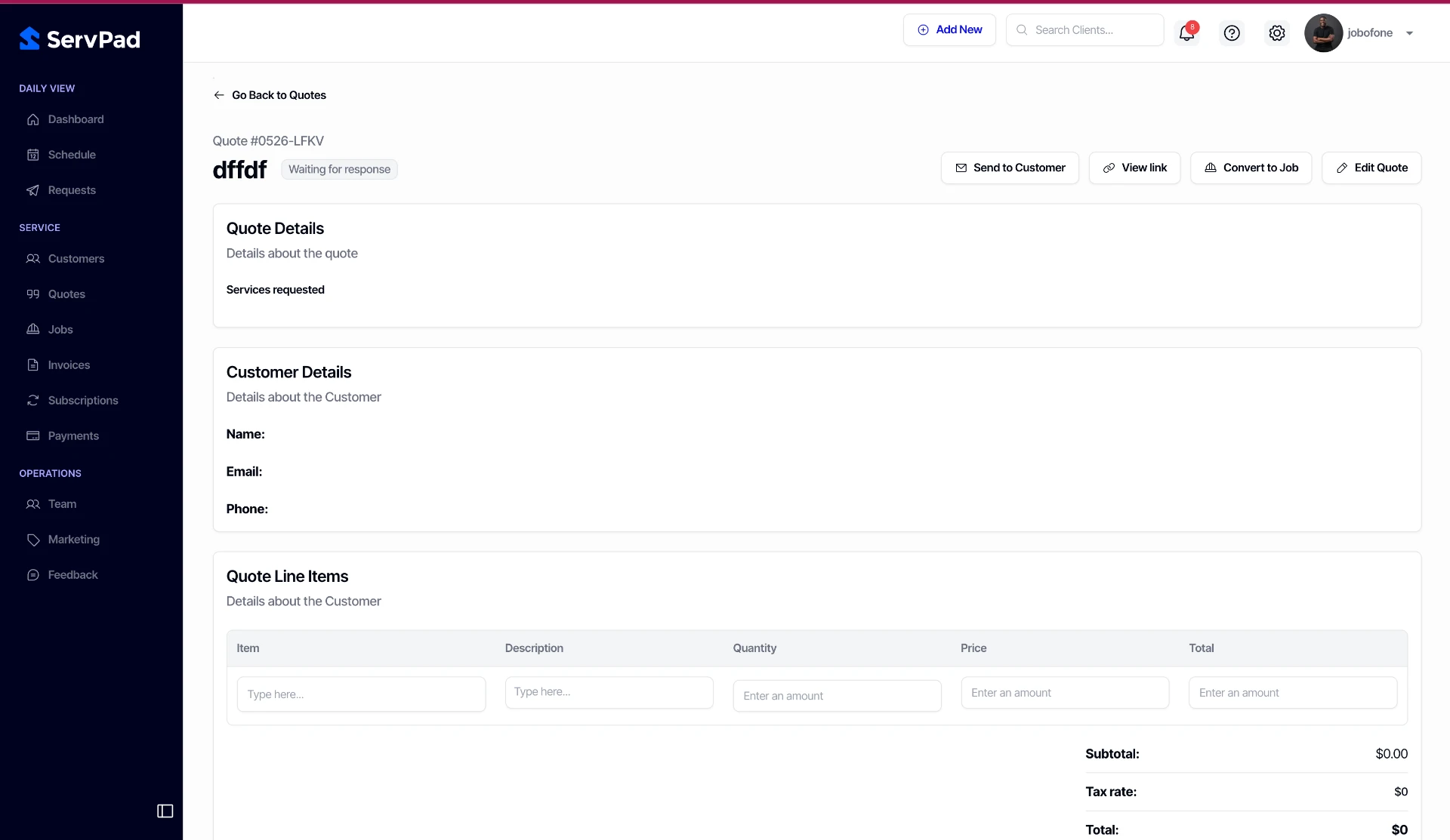 Quote detail — send to customer, view link, or convert straight into a job
